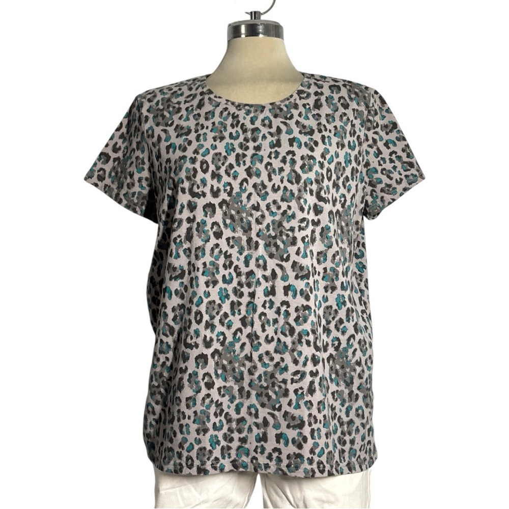 Stylish Leopard Print Short Sleeve Top - Gray and Teal Size XL